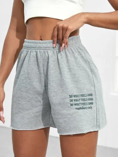 Picture of Slogan Embroidery Frayed Hem Sports Shorts☀️